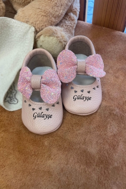 İsimli Bebek Ayakkabısı Hakiki Deri Bobby Pudra